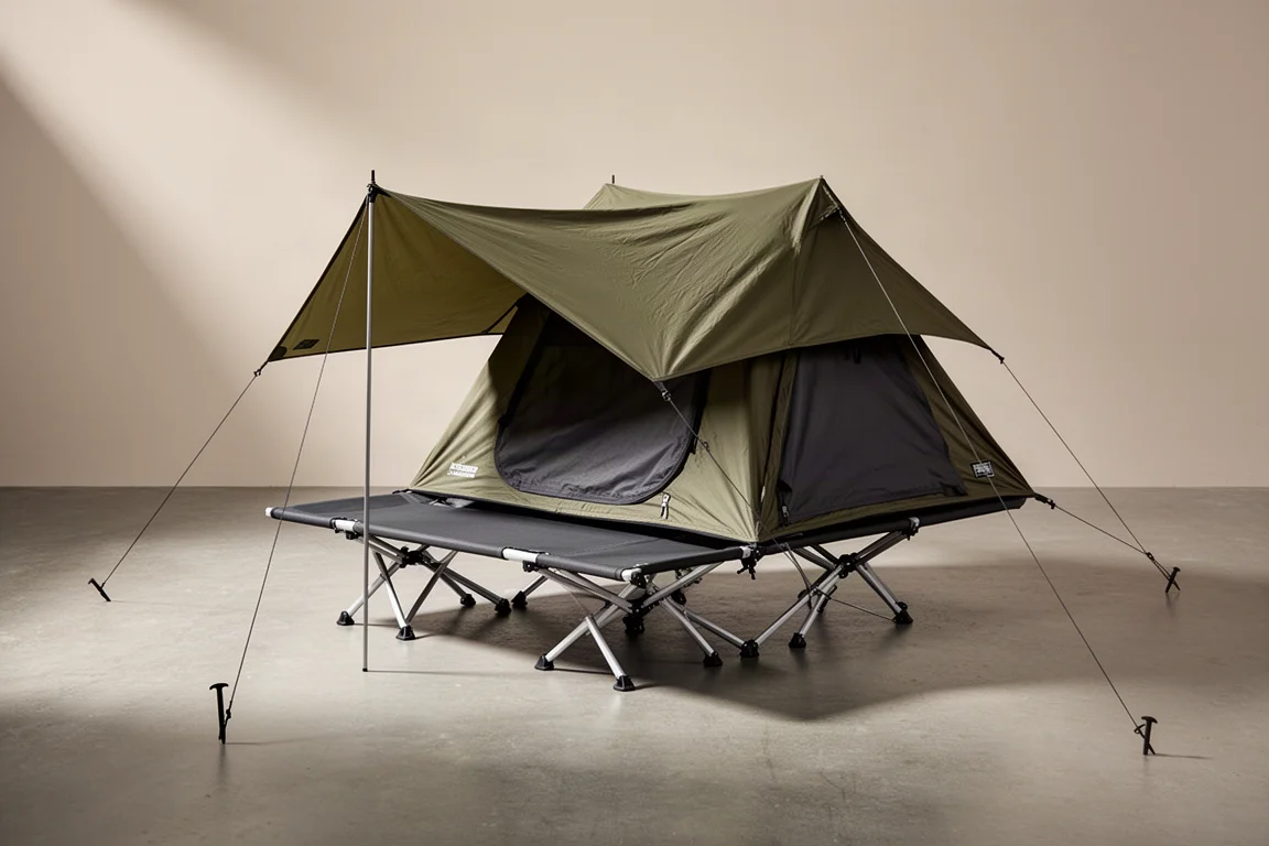 Folding cot with mounted tent and fly on a concrete surface, three-quarter view