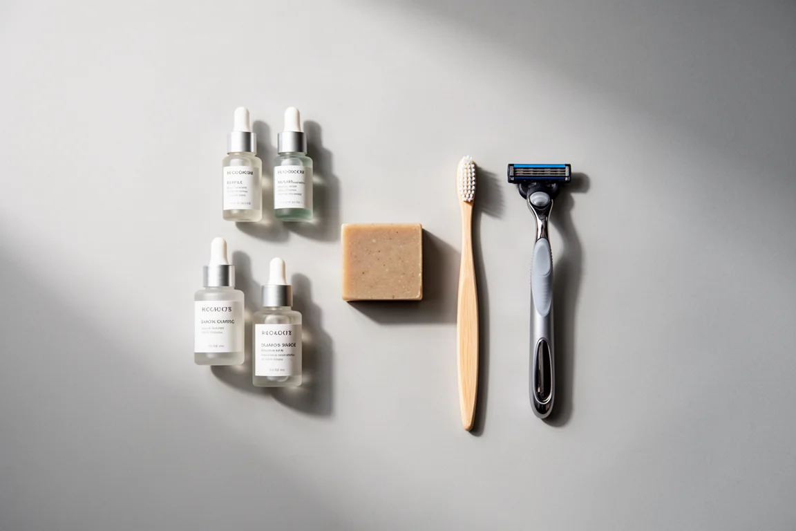 Vista plana de artículos de aseo minimalistas con botellas y una pastilla de champú sobre superficie neutra