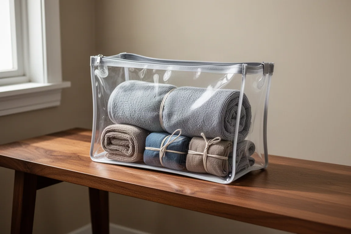 Neceser impermeable rectangular grande con una toalla de viaje enrollada y equipo pequeño