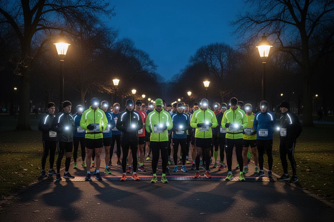 Runners gathering at the start of a night race with head torches and reflective gear