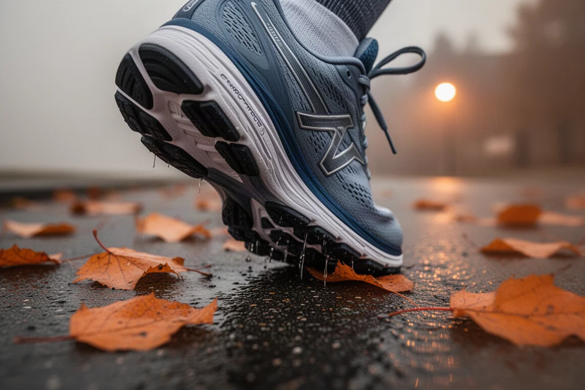 Close-up of a running shoe outsole on wet tarmac covered with autumn leaves
