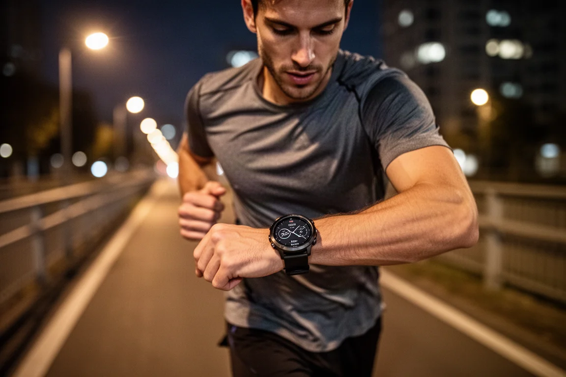 Runner checking a large round-faced GPS sports watch during a night run