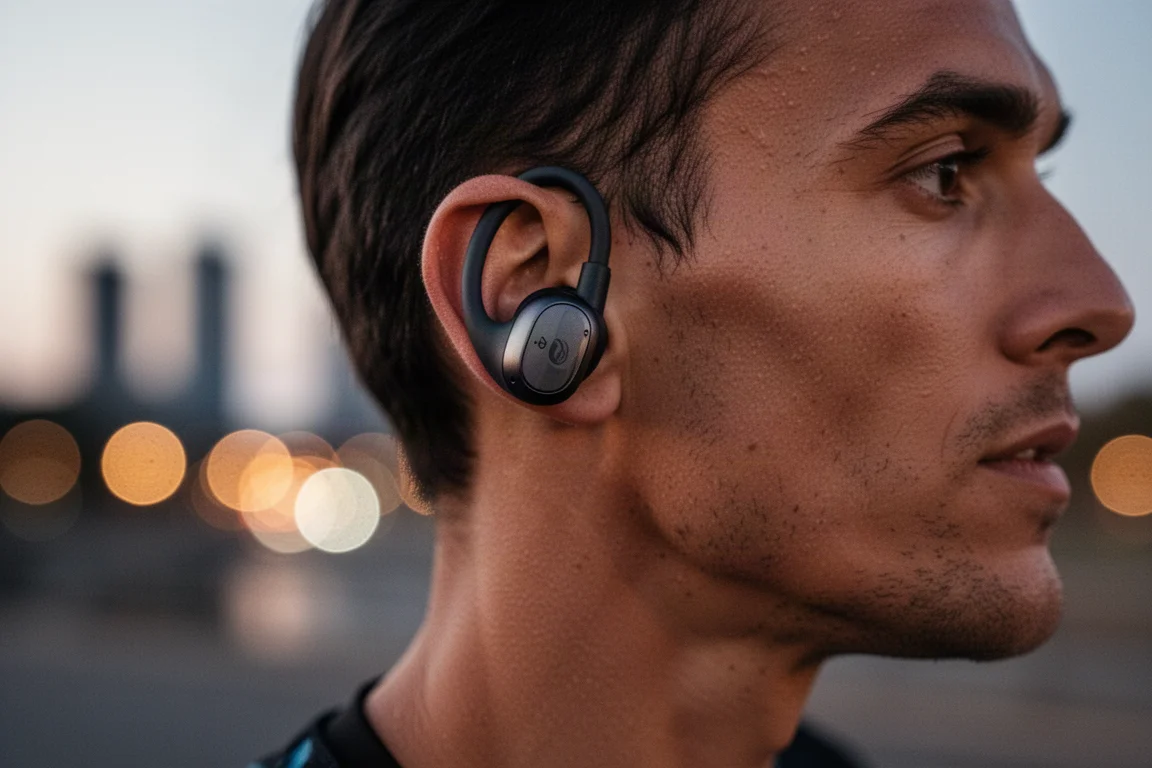 Open-ear headphone sitting over a runner's ear during an evening run