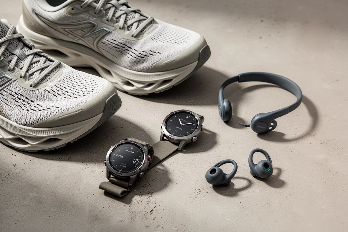 Flat-lay of running shoes, GPS watch and open-ear headphones on concrete