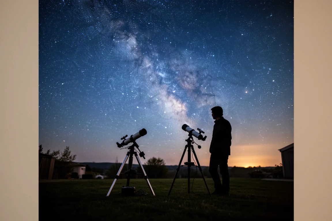 觀星者在滿天星斗的夜空下架設望遠鏡