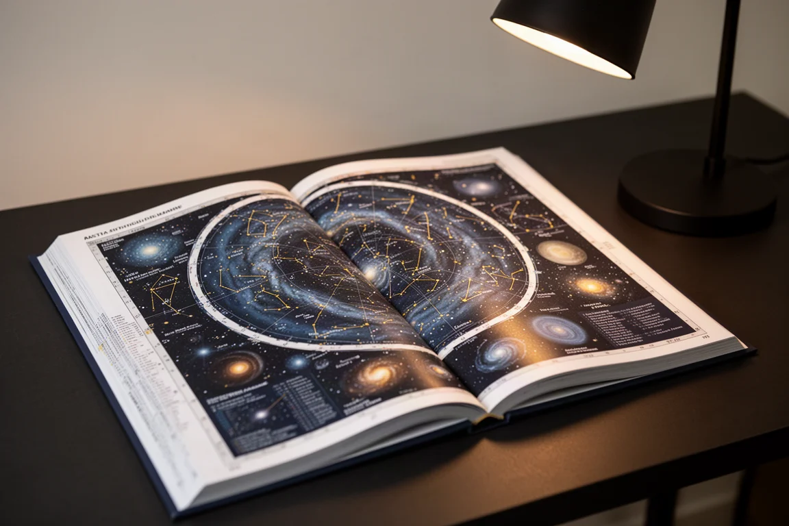 攤開的年曆內頁,展示色彩豐富的星座圖星空圖