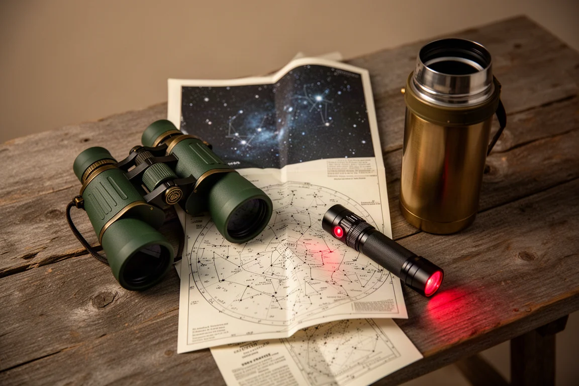 準備夜間觀測的雙筒望遠鏡和星空圖放在桌上