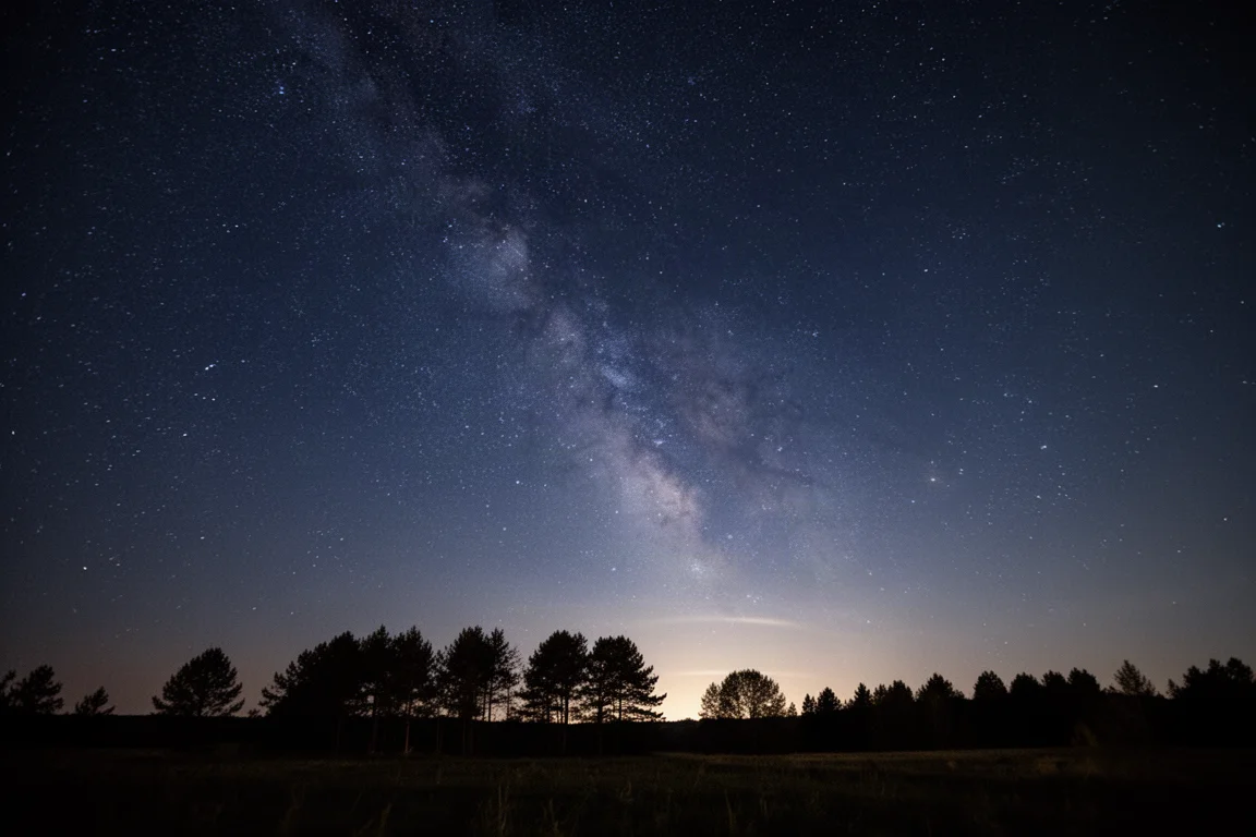黑暗地貌上方的夜空,星光在樹木剪影之上清晰可見