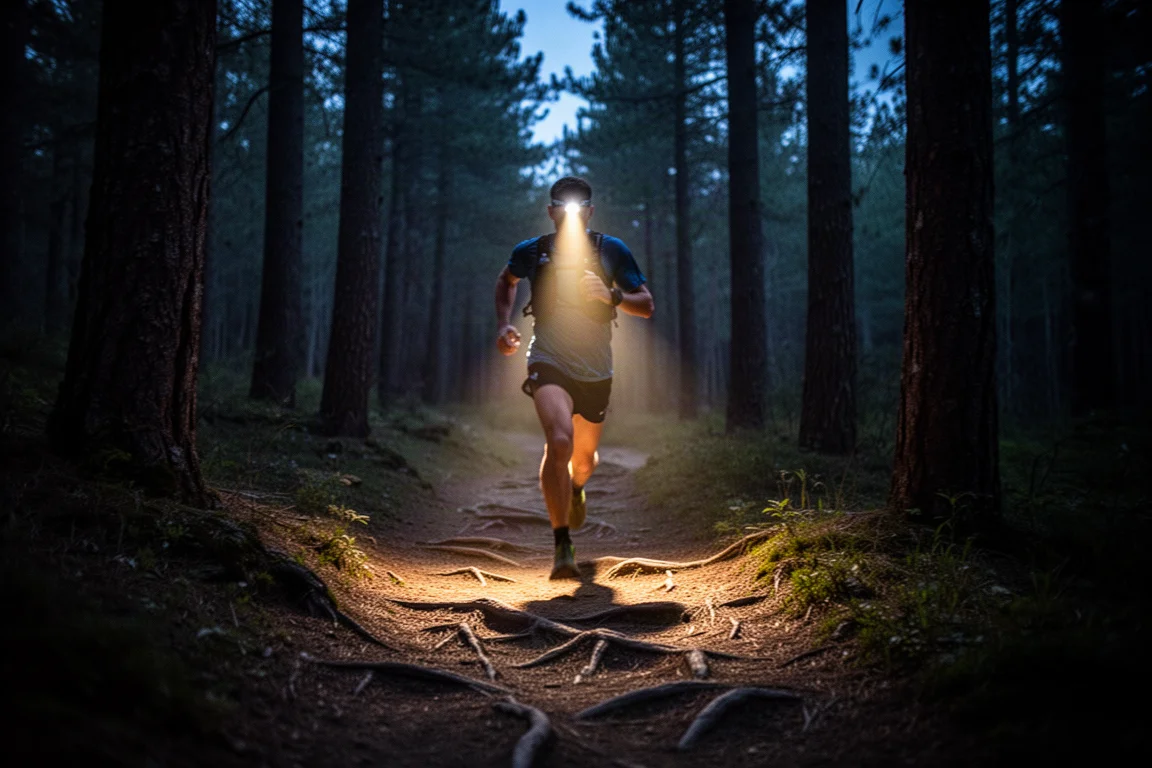 Corredor de trail con una frontal avanzando por un sendero estrecho entre bosque tras el anochecer