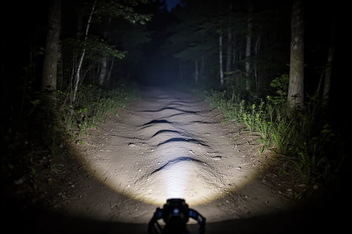 El haz de la frontal iluminando amplios perfiles del sendero de noche