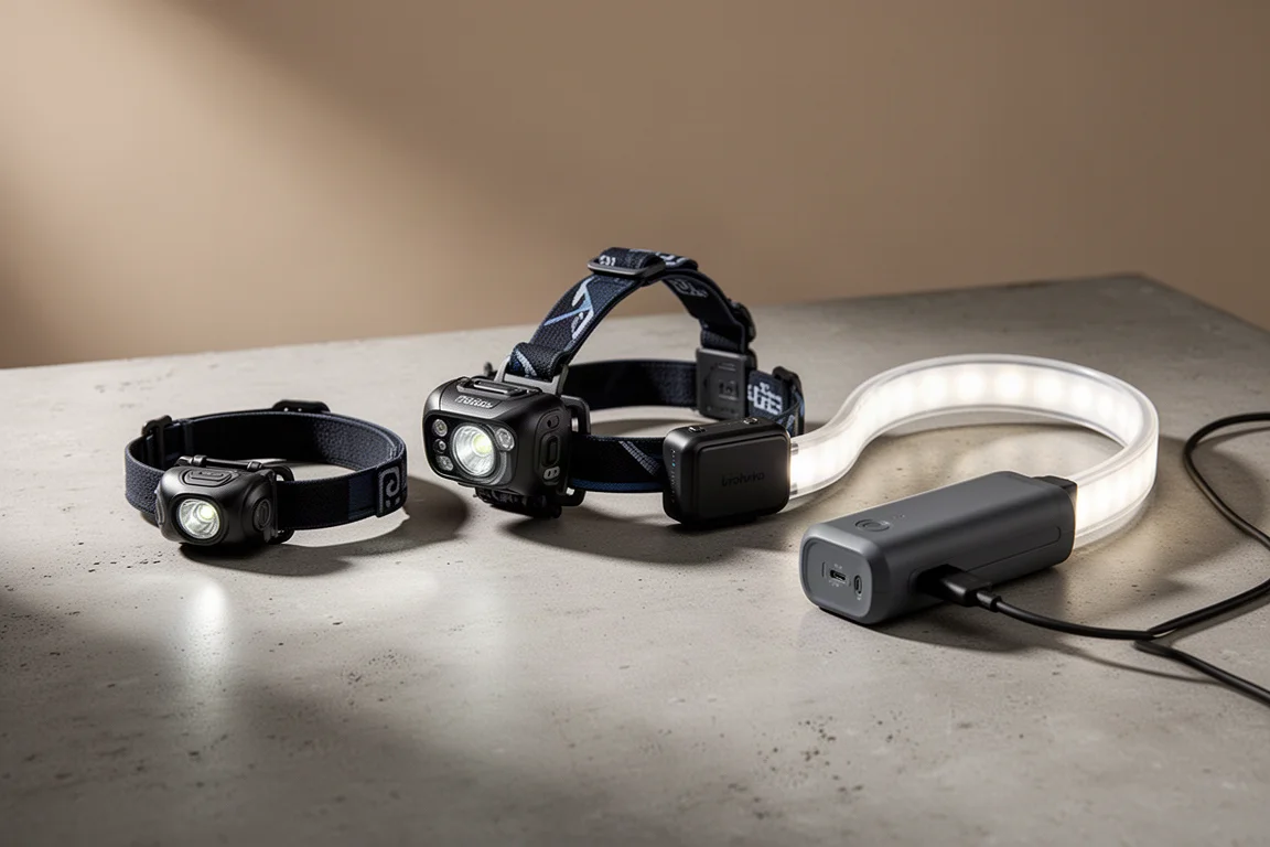 Three night running lights lined up on a concrete surface: two headlamps and a waist light
