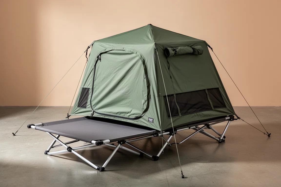 Assembled Nightcat Cot Tent with green tent body on a low aluminium cot