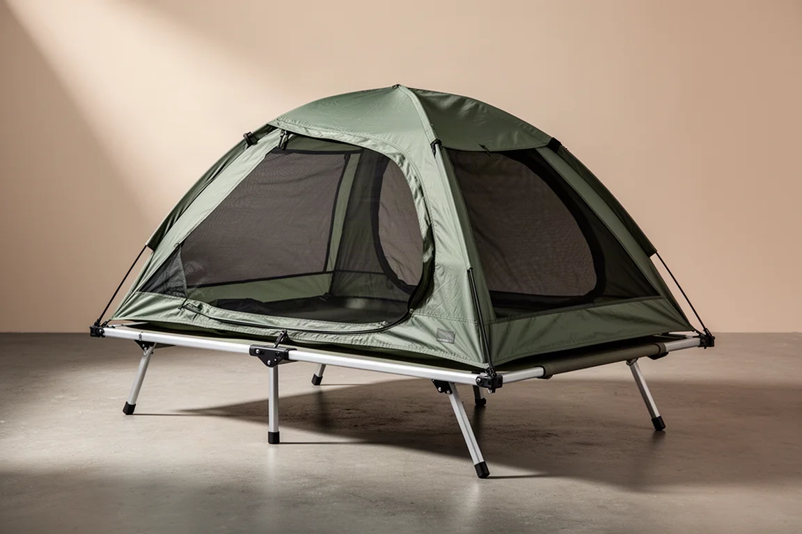 Nightcat cot tent raised on a folding aluminium frame against a misty forest backdrop