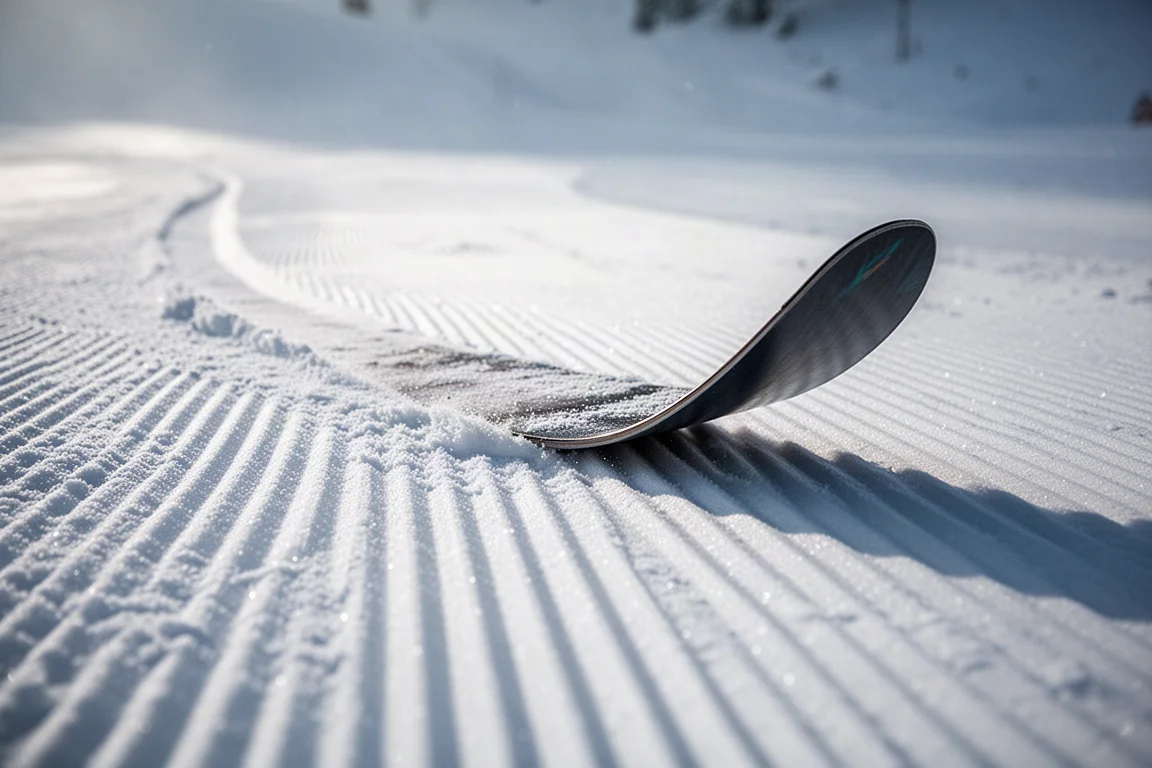 滑雪板板緣切入整理過的雪道,留下一道細細的刻滑痕