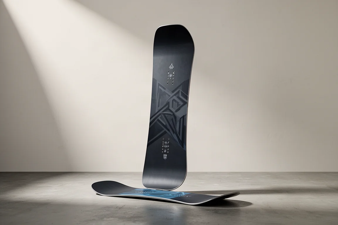 Twin-tip-Camber-Snowboard aufrecht stehend auf matten Beton im weichen Studiolicht