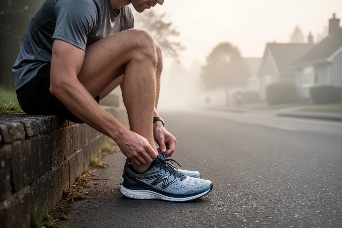 Coureur nouant les lacets d'une chaussure de running sur route dans une rue calme à l'aube