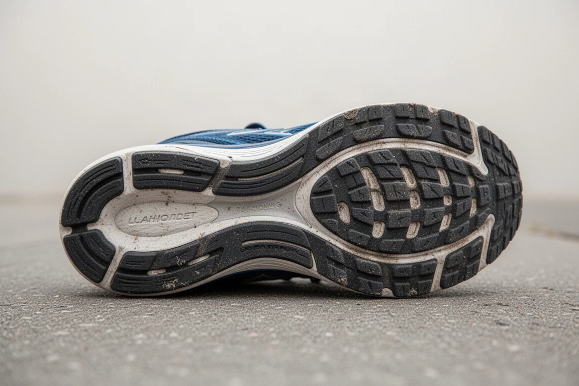 Gros plan sur une semelle extérieure usée d'une chaussure de running sur du bitume gris