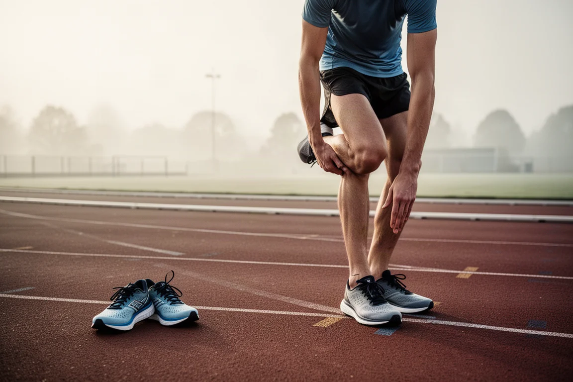 Coureur s'étirant à côté d'une piste d'athlétisme avec ses chaussures posées à l'écart