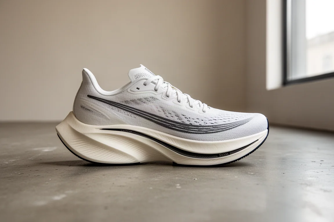 Gros plan sur la semelle intermédiaire d'une chaussure de compétition à empilement épais montrant la généreuse épaisseur de mousse
