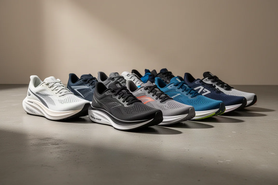 A row of modern road running shoes on a matte concrete surface