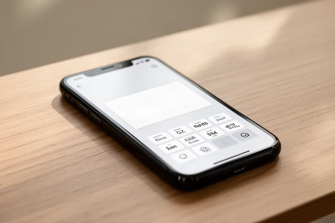 Smartphone-Bildschirm mit einer Etikettendesign-App und Text- sowie Schriftartoptionen