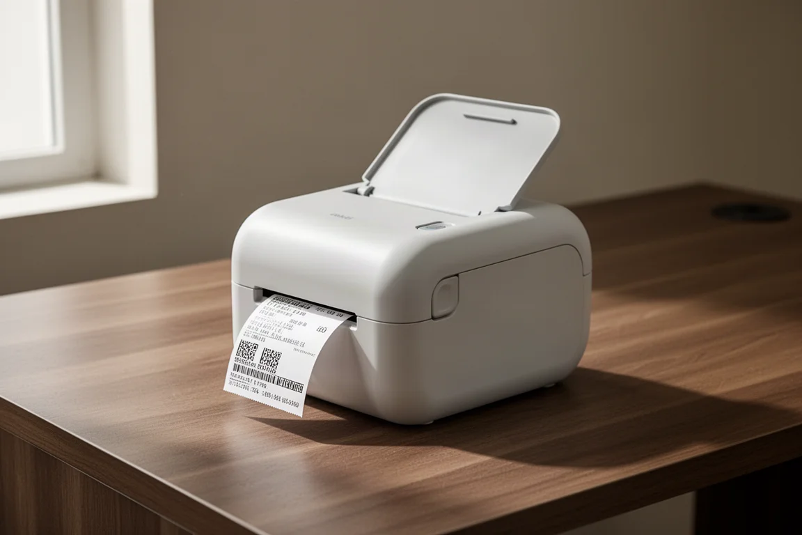 Compact white portable label printer on a brushed wood desk