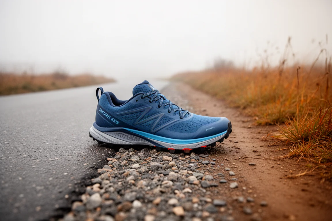 Trailschuh auf gemischtem Untergrund aus Kies und Asphalt mit Übergang zu einem Feldweg