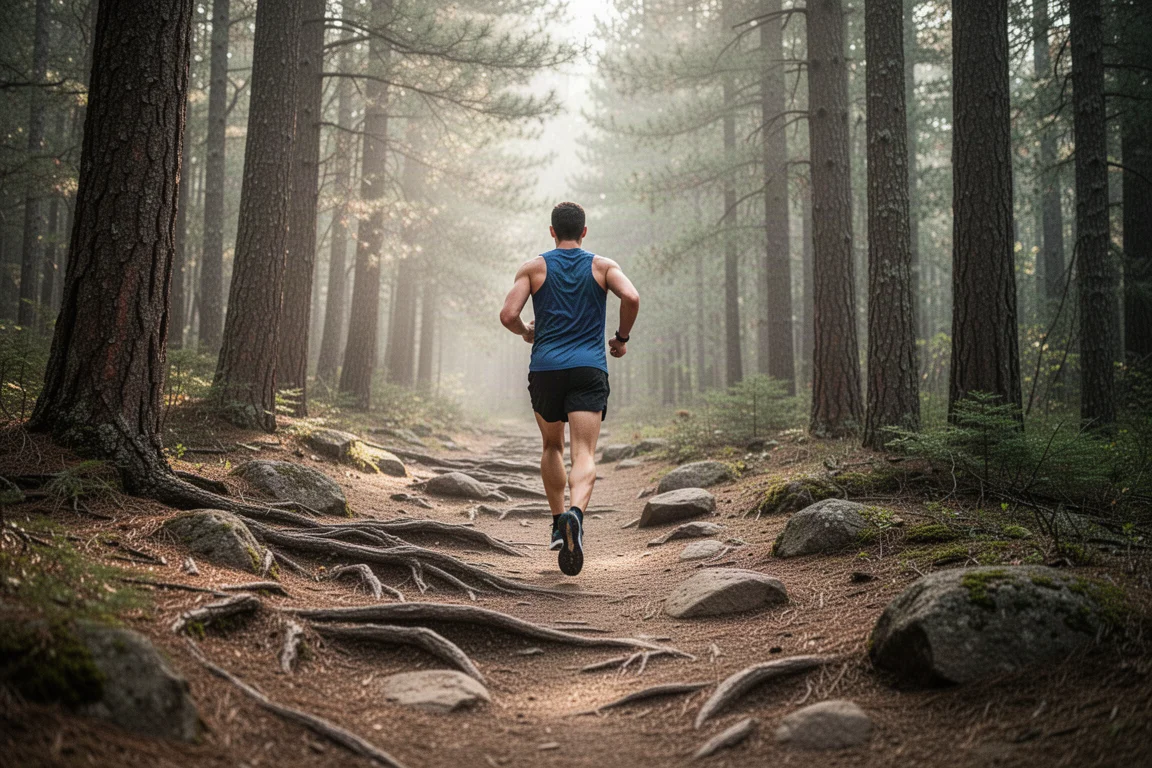 Läufer auf einem moderaten Singletrail im Wald bei weichem Licht