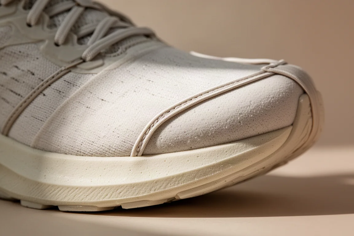 Primer plano de la mediasuela de una zapatilla de trail mostrando una espuma de estructura firme