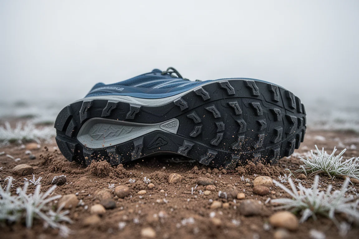 Primer plano de tacones poco profundos y sutiles en la suela de una zapatilla de trail sobre tierra seca