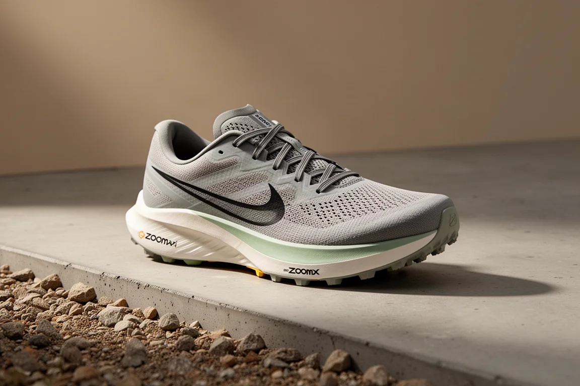 Nike ACG Ultrafly trail running shoe on concrete beside a gravel trail