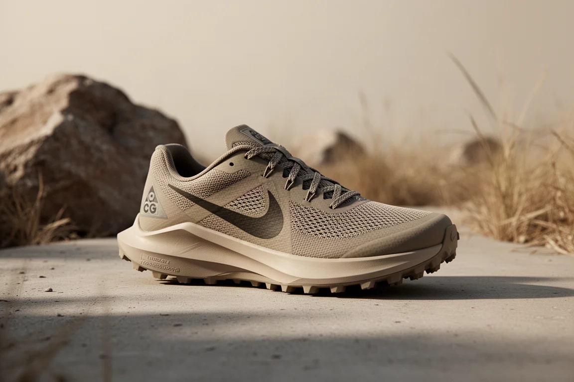 Scarpa da trail running Nike ACG Ultrafly all'inizio di un sentiero nella morbida luce del mattino