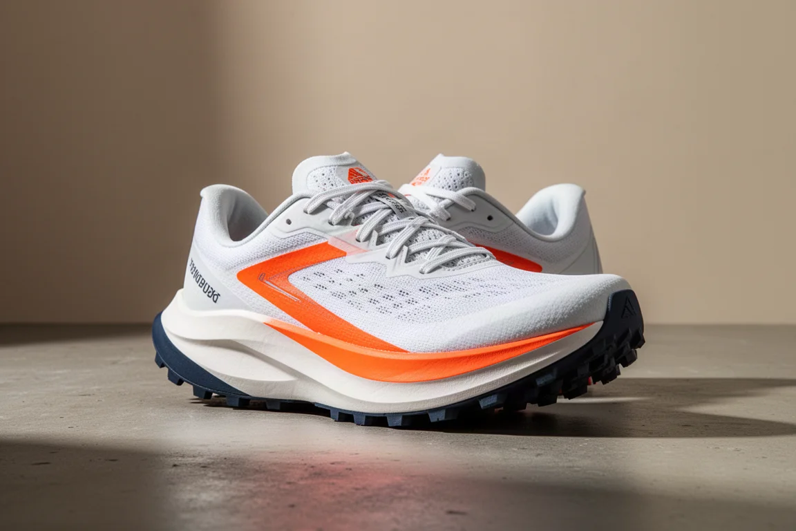 Scarpa da trail running high-stack bianca e arancione su una superficie in cemento