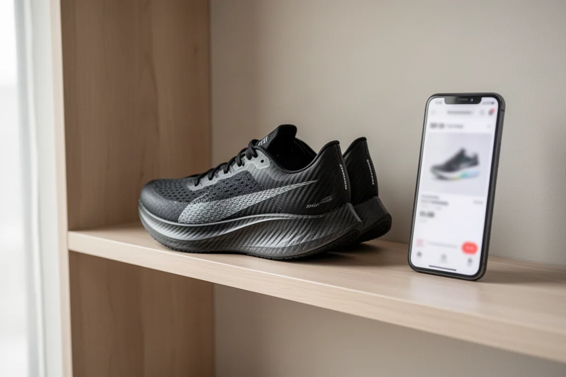 限定オンライン発売直後、棚に並べられたマラソンランニングシューズ