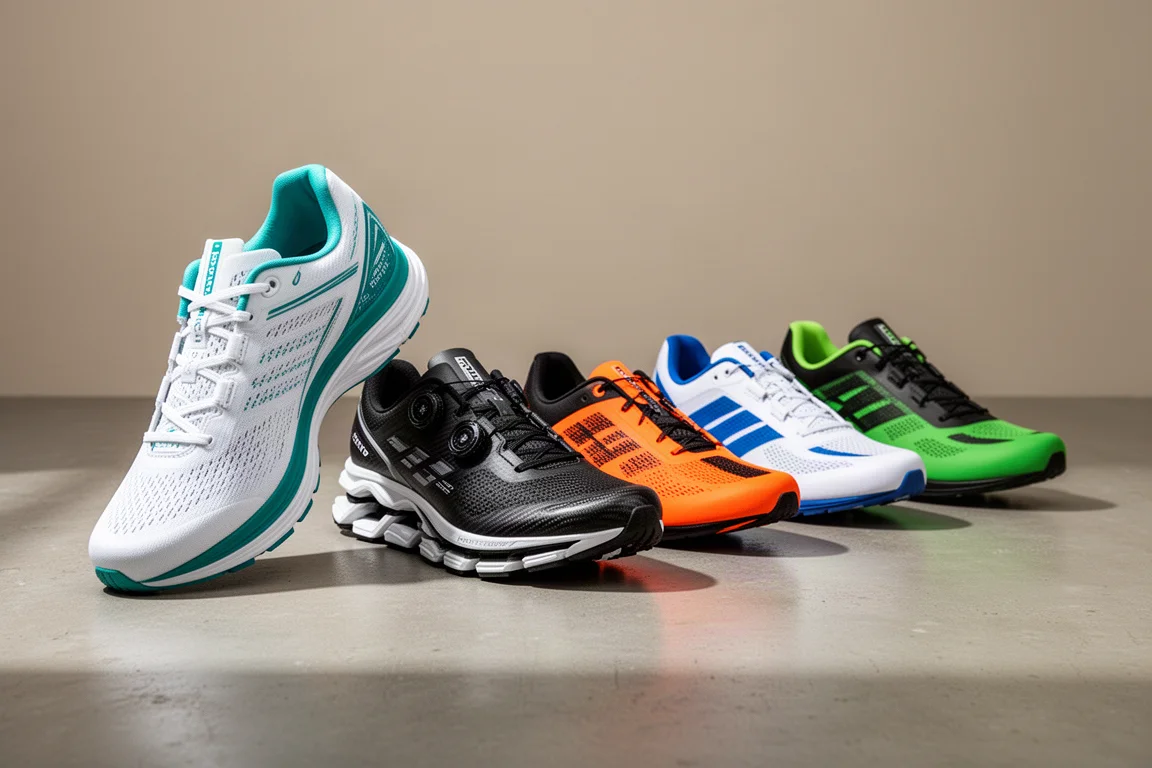 Five premium carbon-plated road racing shoes lined up on a concrete surface