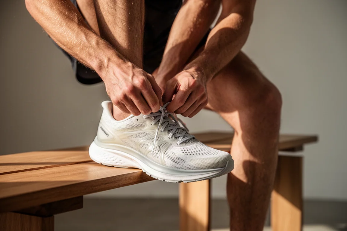 Runner lacing up a lightweight mesh running shoe before a road run