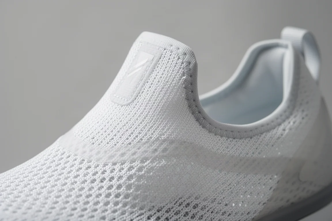 Close-up of a breathable translucent mesh running shoe upper