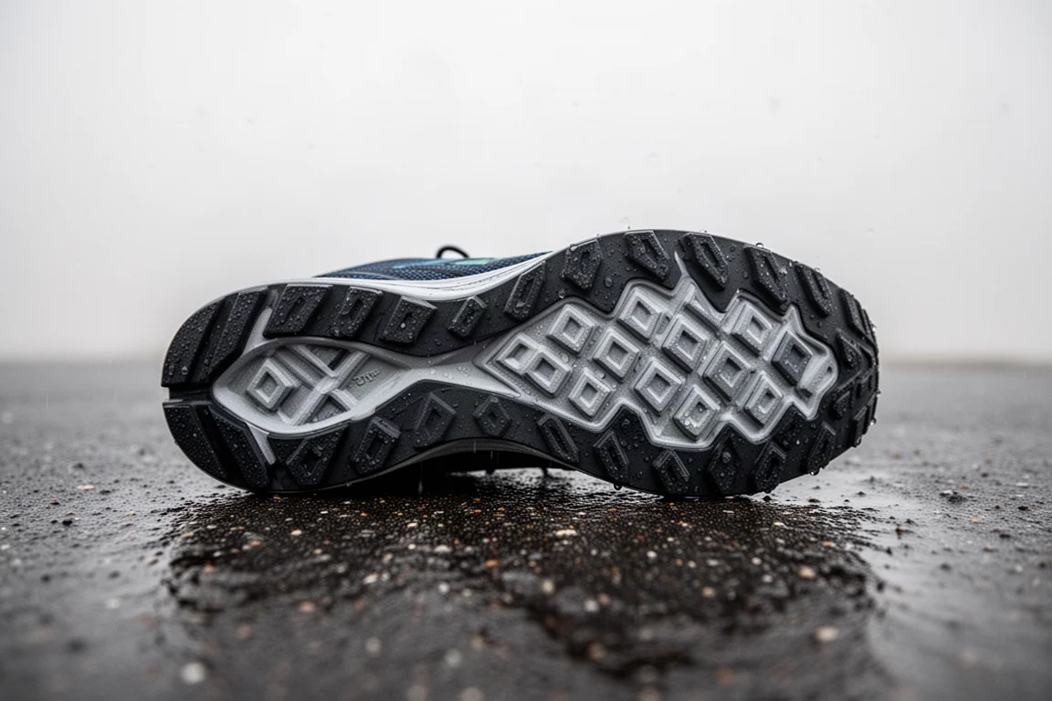Close-up of a diamond-pattern rubber outsole gripping wet road