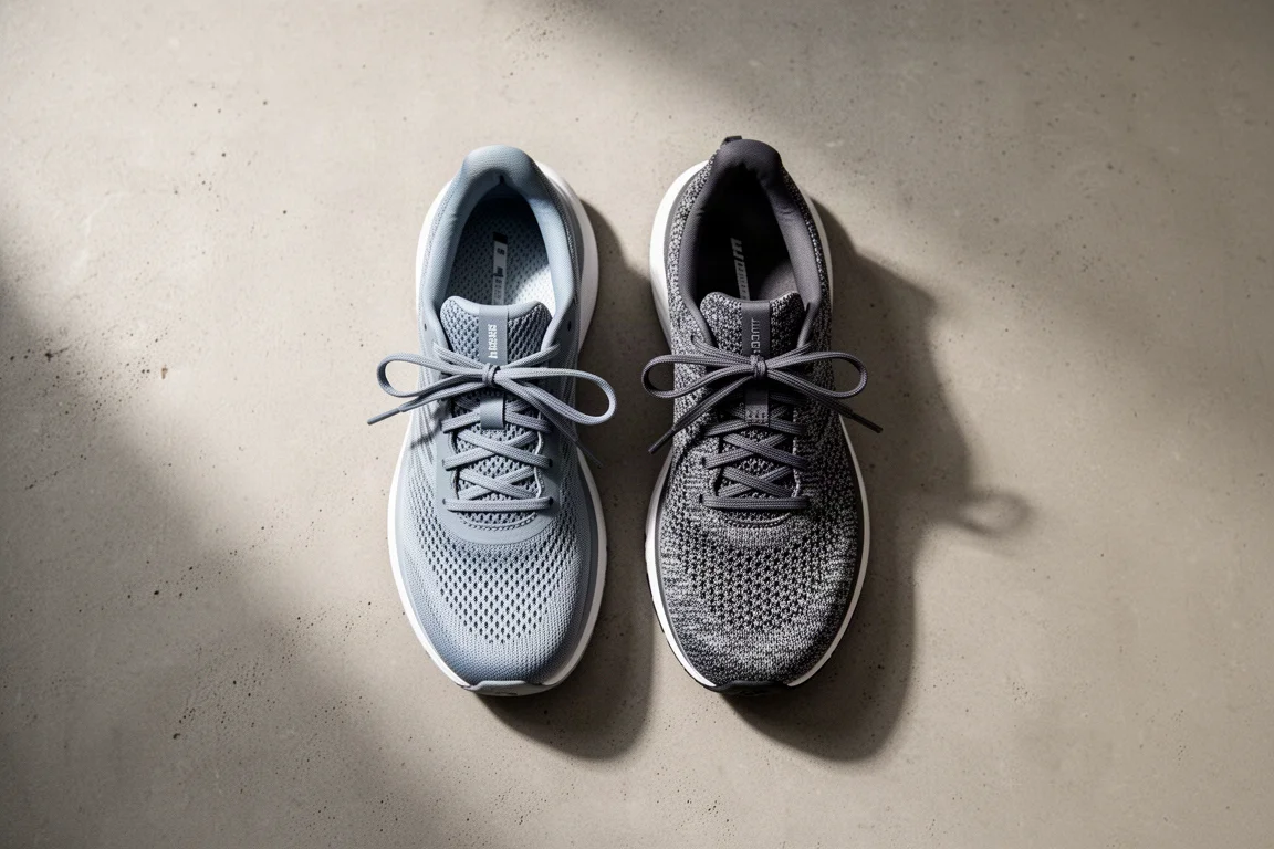 Dois tênis de corrida de estrada da Nike lado a lado no concreto mostrando cabedais diferentes