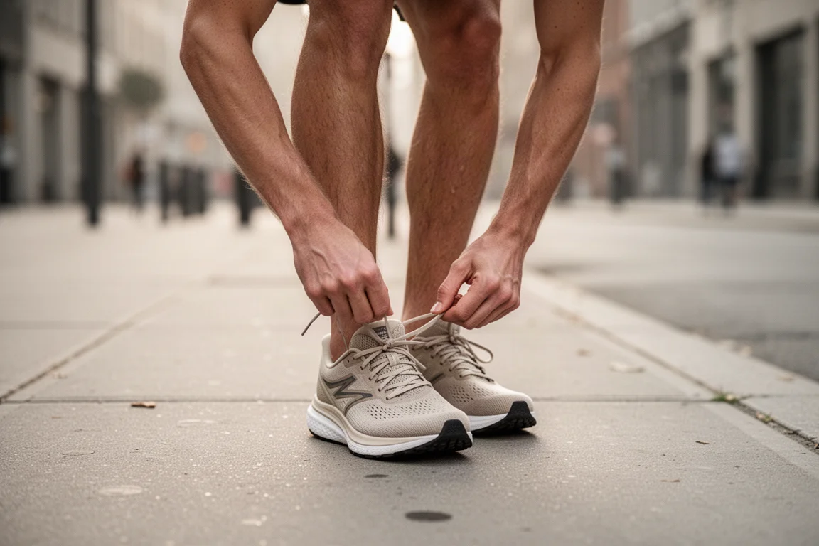 Hardloper die een roadrunningschoen aan het strikken is op een drempel voor een rustige ochtendloop