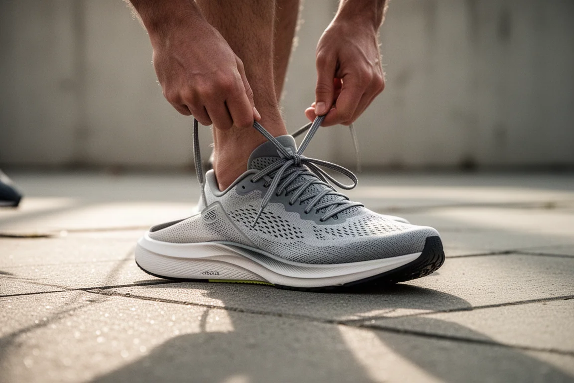 Un corredor atándose los cordones de una zapatilla de running de perfil bajo en una calle urbana