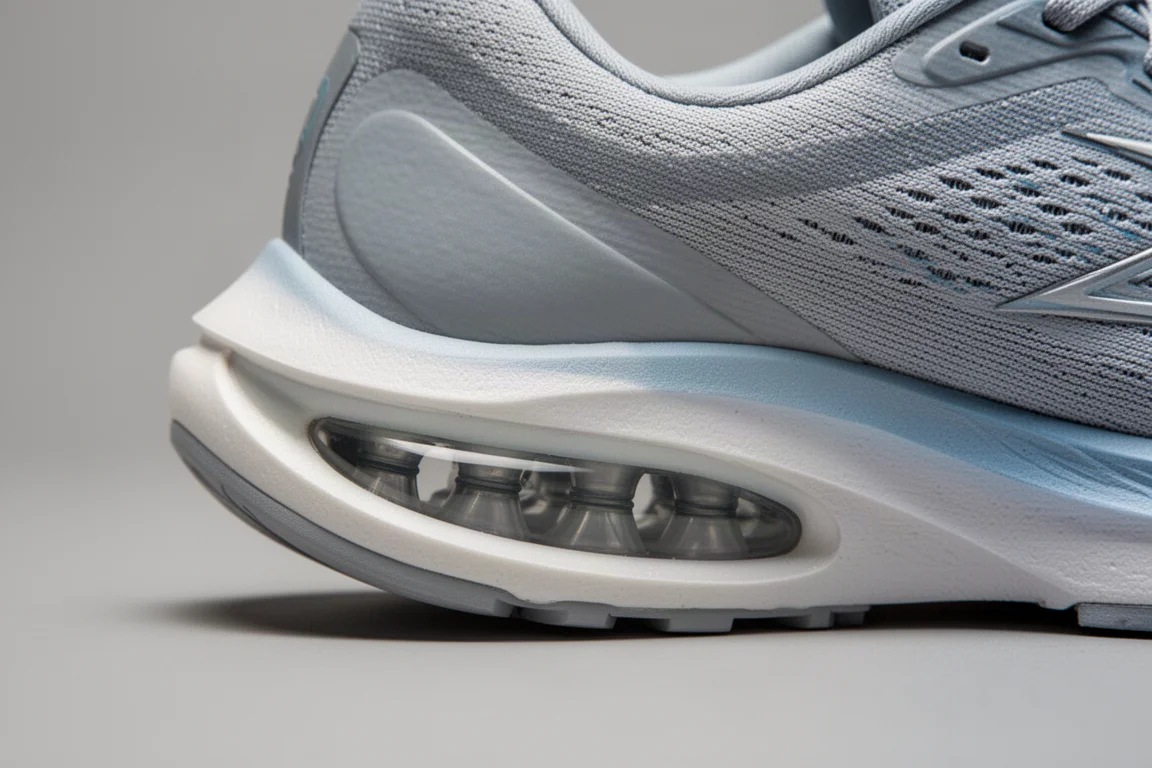 Primer plano de una unidad de aire en el antepié de la mediasuela de una zapatilla de running