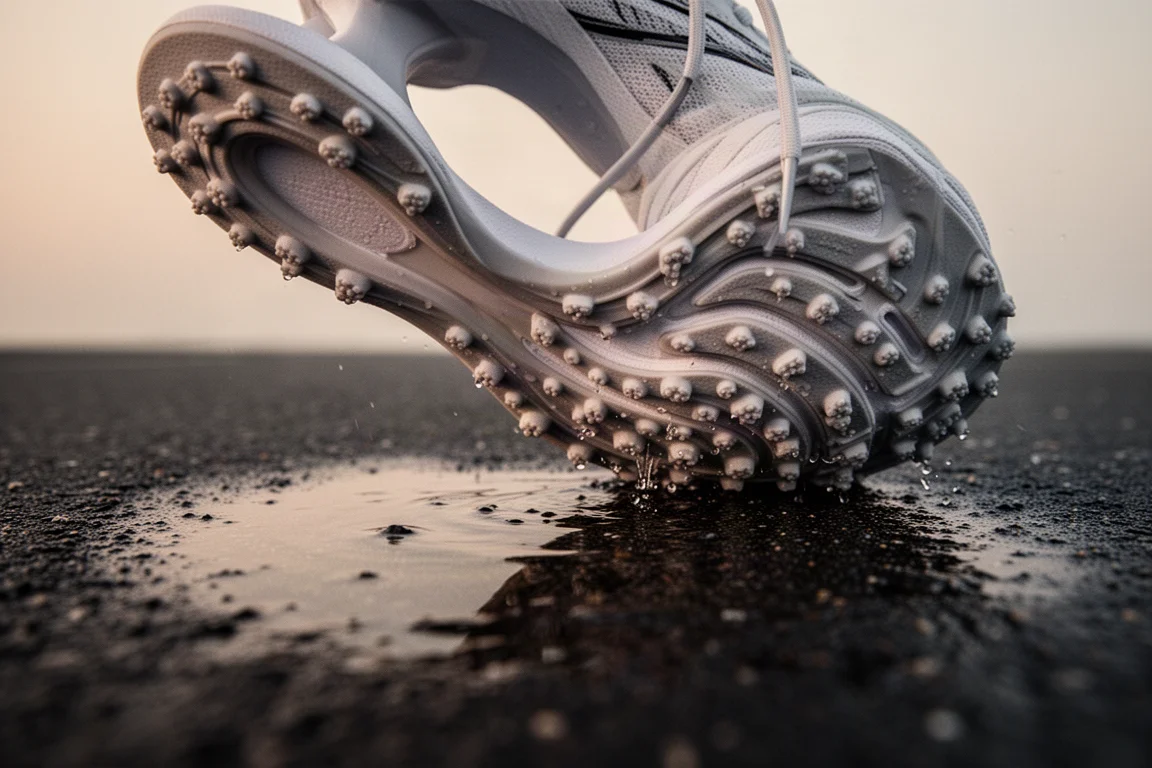 Tacos de goma de la suela exterior de una zapatilla de running sobre asfalto mojado