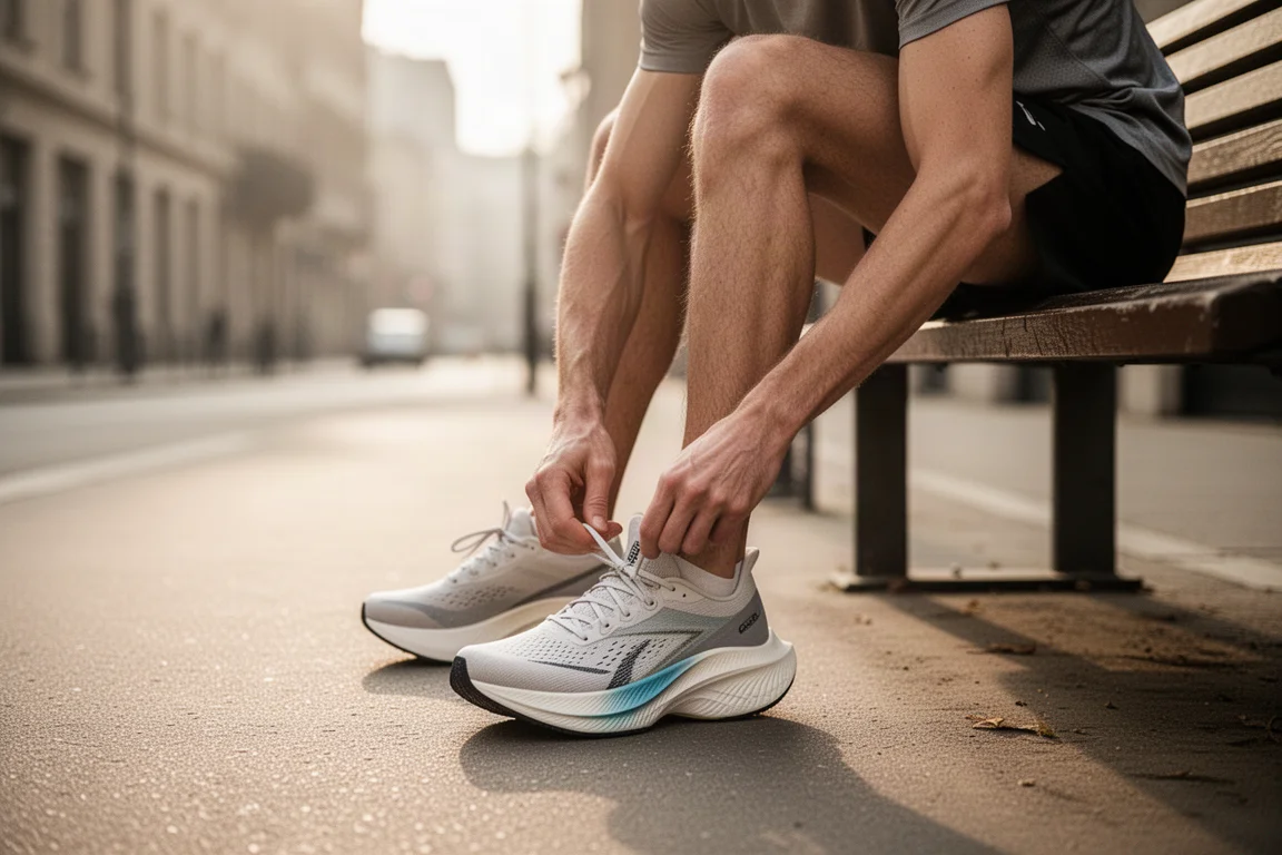 Un corredor atándose unos zapatos de competición de suela gruesa bajo una luz suave de la mañana
