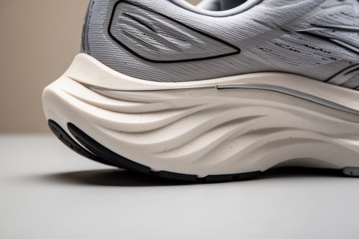 Primer plano de la mediasuela de una zapatilla de running de espuma gruesa mostrando sus capas y la placa