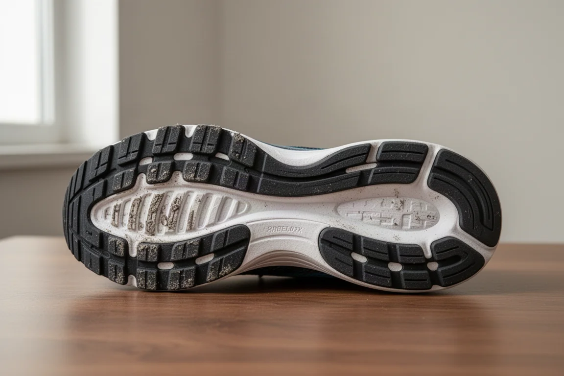 Suela exterior desgastada de una zapatilla de running mostrando una cobertura de goma intacta