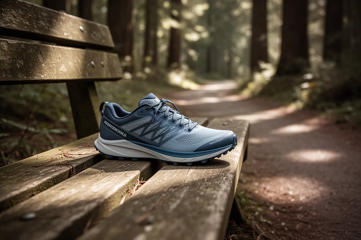 Scarpa da trail appoggiata accanto a un sentiero nel bosco dopo una corsa