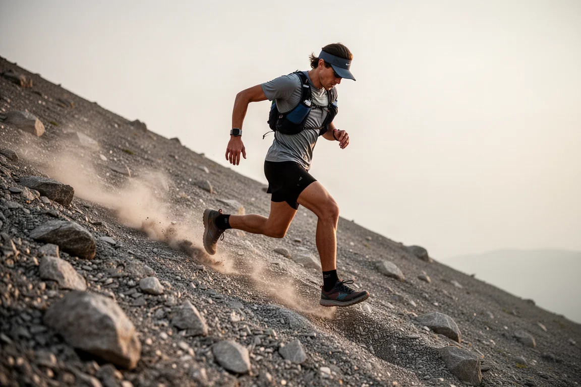 Chaussures de trail alignées sur un banc en bois avant une sortie