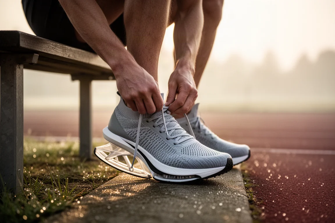 Un coureur lacant une chaussure de course avant une séance de vitesse tôt le matin