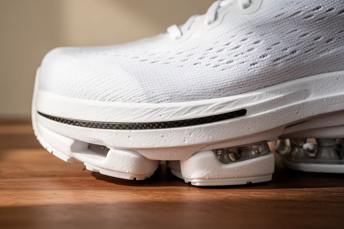 Gros plan sur la semelle intermédiaire d'une chaussure de running montrant les plis de la mousse et le bord d'une plaque en carbone
